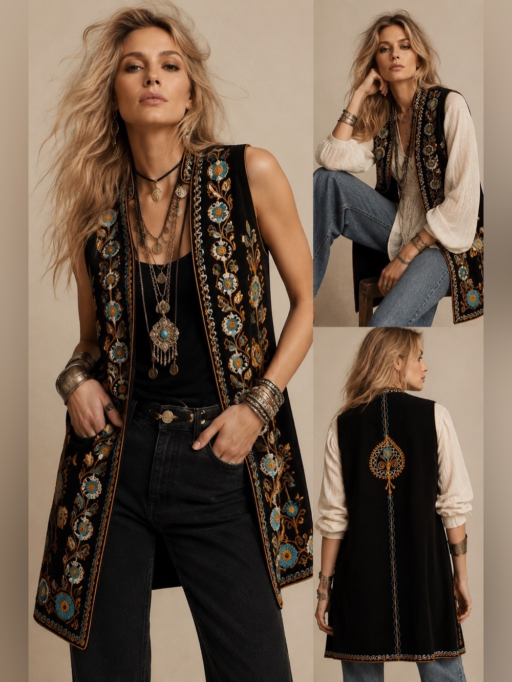 Embroidered Boho Artisan Long Vest Folk Festival Statement Layering Piece